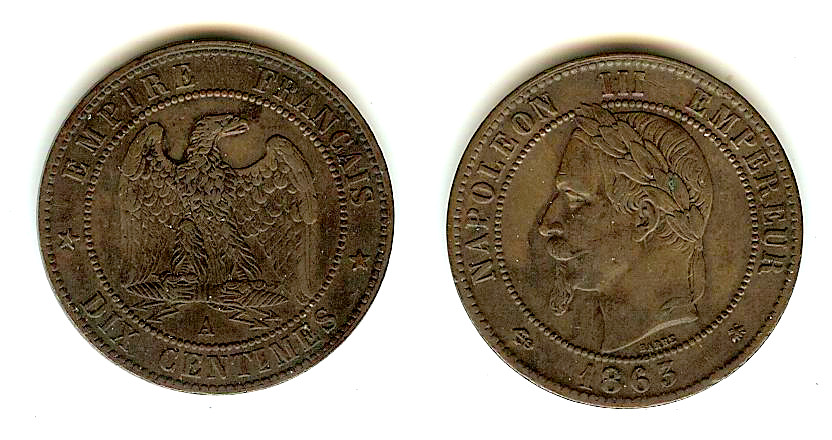Dix centimes Napoléon III, tête laurée 1863 Paris SUP- à SUP
